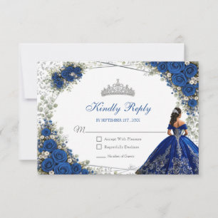 Cartons Réponse Elégante Quinceañera bleu royal et roses argentées