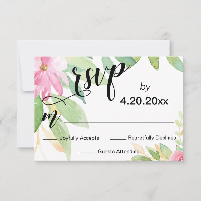Cartons Réponse Élégante typographie Aquarelle rose Mariage floral (Devant)