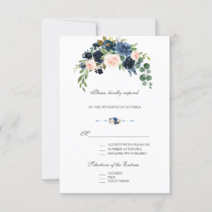 Cartons Réponse Élégantes fleurs dorées Navy Blue Blush en fleurs