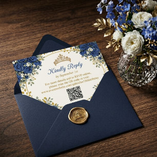 Cartons Réponse Élégantes Roses Bleu Royal Quinceañera Dorées