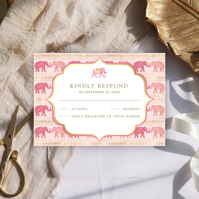 Cartons Réponse Élément indien de mariage à l'éléphant rose et or (Créateur téléchargé)