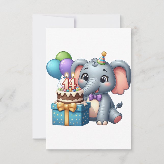 Cartons Réponse Éléphant d'anniversaire 14 ans (Devant)