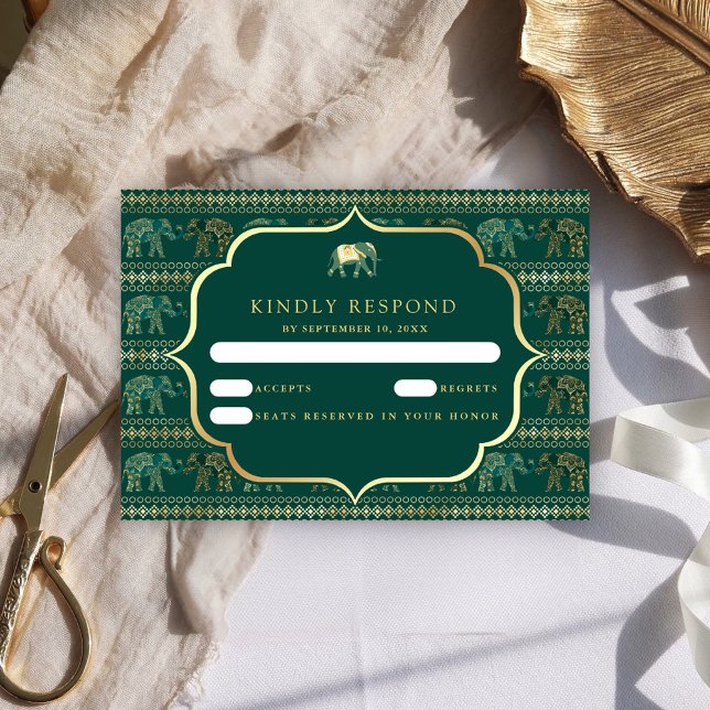 Cartons Réponse Éléphant indien vert émeraude et or pour mariage (Créateur téléchargé)