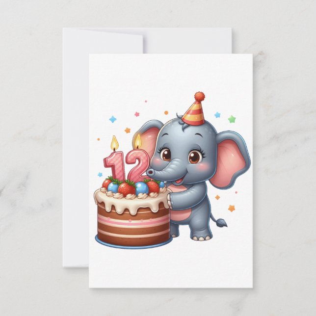 Cartons Réponse Éléphant Mignon 12e Anniversaire (Devant)
