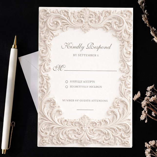 Cartons Réponse Embossed Style Ivory Rococo Scroll Wedding (Embossed Style Ivory Rococo Scroll Wedding RSVP Card)