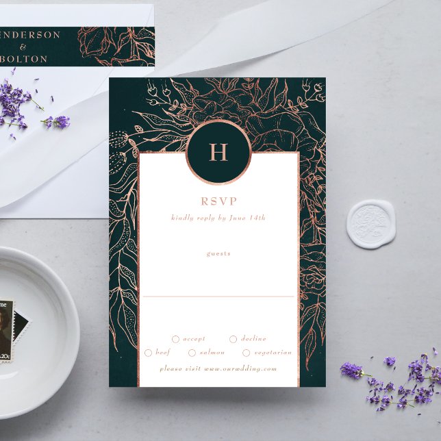 Cartons Réponse Emerald Dusty Rose Gold Monogram Mariage Wreath (RSVP showcasing suite - additional items (bought separately))