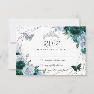 Cartons Réponse Emerald Green Baby Blue Floral Silver Quinceañera