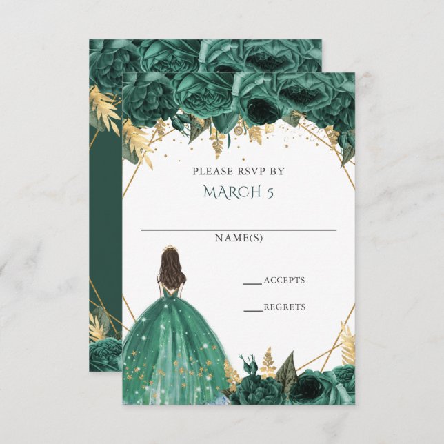 Cartons Réponse Emerald Green Floral Princess Quinceanera (Devant / Derrière)