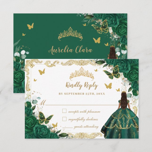 Cartons Réponse Emerald Green Floral Quinceañera Princess Crown (Devant / Derrière)
