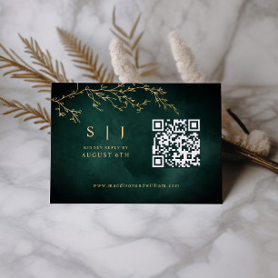 Cartons Réponse Emerald Green & Gold Botanical QR Code Mariage