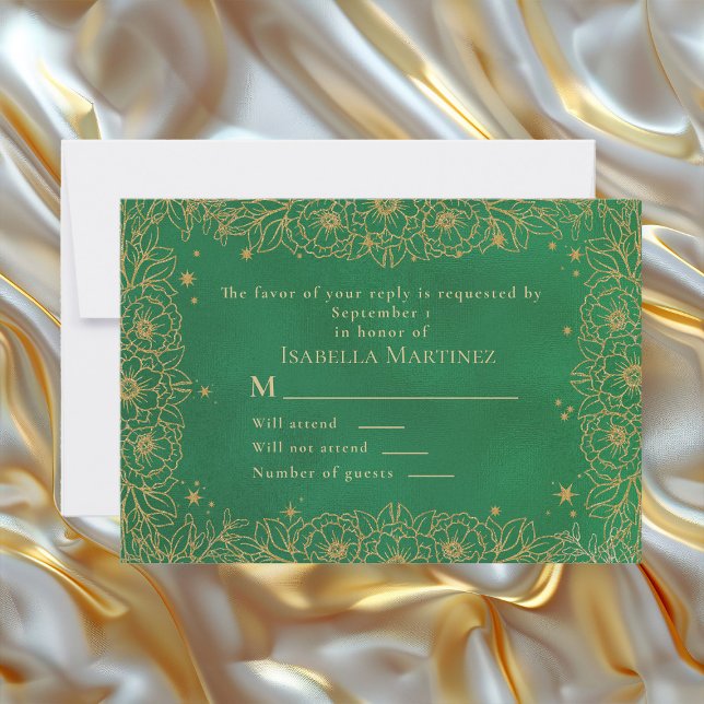 Cartons Réponse Emerald Green Gold Line Art Floral Quinceañera (Elegant emerald green and gold floral Quinceñera RSVP response card)