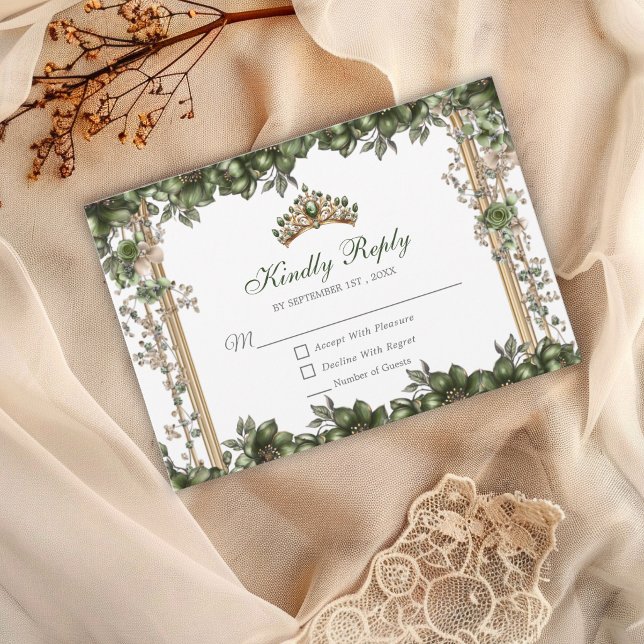 Cartons Réponse Emerald Green Golden Tiara Floral Quinceañera (Créateur téléchargé)