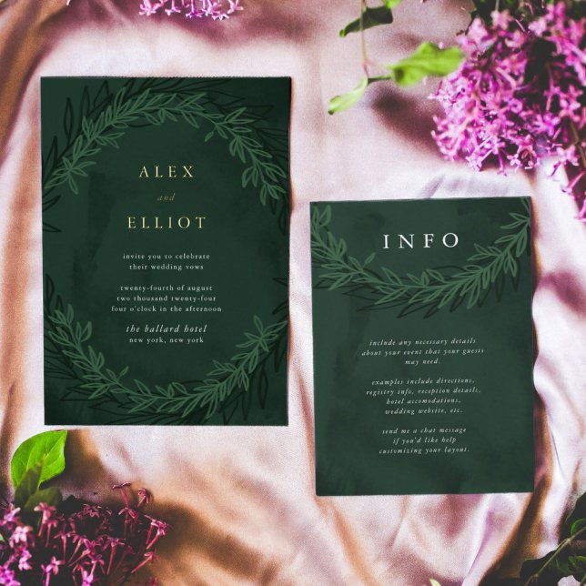 Cartons Réponse Emerald Green Information sur le Mariage dramatiqu (Emerald green botanical wedding additional information enclosure card.)