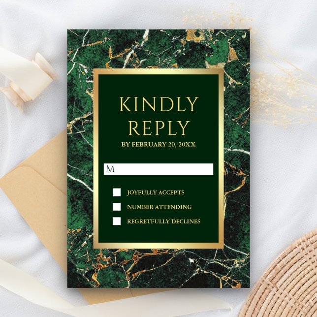Cartons Réponse Emerald Green Marble Faux Gold Foil Mariage (Créateur téléchargé)