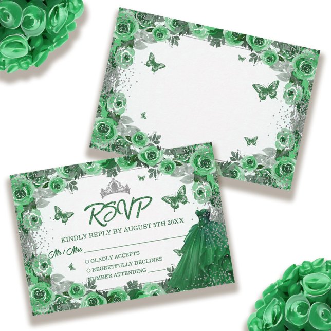 Cartons Réponse Emerald Green Parties scintillant argenté Floral Q (Emerald Green Silver Glitter Floral Quinceanera RSVP Card)