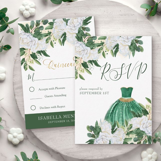 Cartons Réponse Emerald Green Peony blanc Quinceanera Princess (Quinceanera Princess RSVP response card from my Emerald Greenery and White Peony Collection)