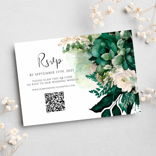 Cartons Réponse Emerald Green QR Code Floral Botanal Mariage (Emerald Green QR Code Floral Botanical Wedding RSVP Card)