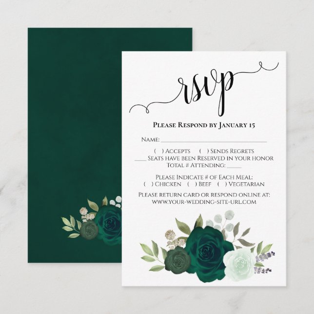 Cartons Réponse Emerald Green Roses Elegant Boho Chic Mariage (Devant / Derrière)