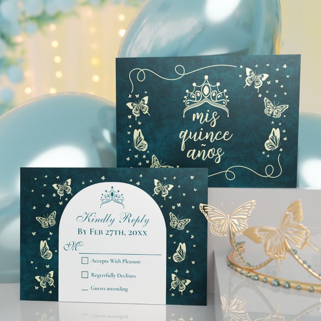 Cartons Réponse Emerald Green Tiara Butterflies Quinceañera (Emerald Green Gold Tiara Butterflies Quinceañera RSVP Card)