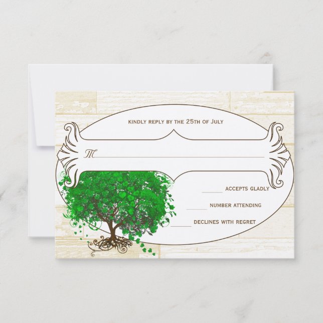 Cartons Réponse Emerald Heart Leaf Tree Grange Mariage en bois RSV (Devant)