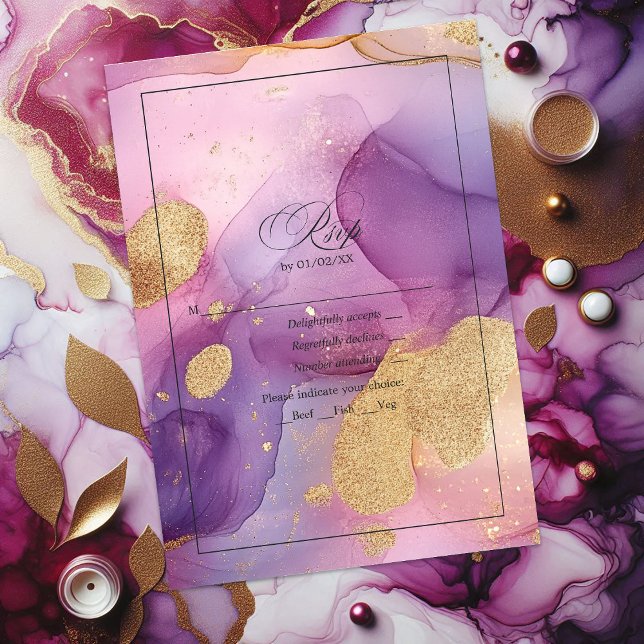 Cartons Réponse Encre à alcool fluide violette et or élégante (Elegant Purple and Gold Flowing Alcohol Ink RSVP Card)