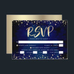 Cartons Réponse Entrée bat mitzvah de la marine Watercolor Gold Sc<br><div class="desc">Soyez fier, réjouissez-vous et présentez cette étape importante de votre Bat mitzvah préféré ! Inclure cette carte d'insertion RSVP étonnante, moderne et personnalisée pour votre événement. Le script de calligraphie et les confettis de feuilles d'or imitation graphique superposent un arrière - plan bleu marine riche, dramatique. Personnalisez le texte personnalisé...</div>