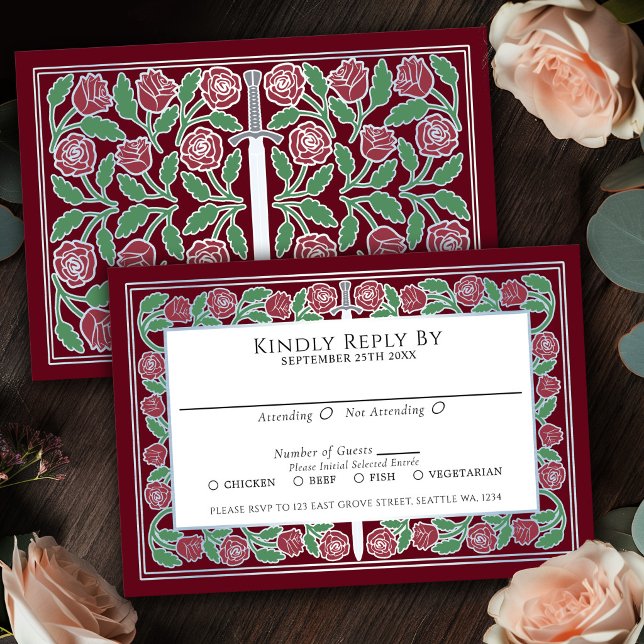 Cartons Réponse Épée florale argentée médiévale rouge mariage roya (Créateur téléchargé)