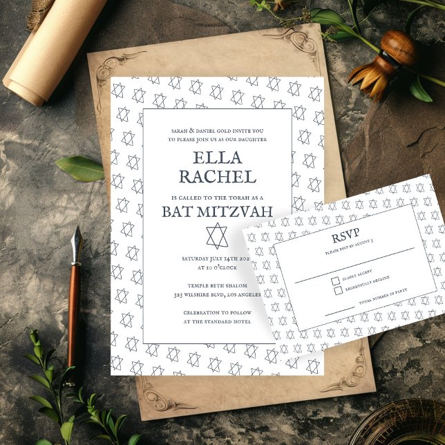 Cartons Réponse Étoile simple de David Custom B'nai Bat Bar Mitzva (Simple Star of David Custom B'nai Bat Bar Mitzvah RSVP Card Invitation
)