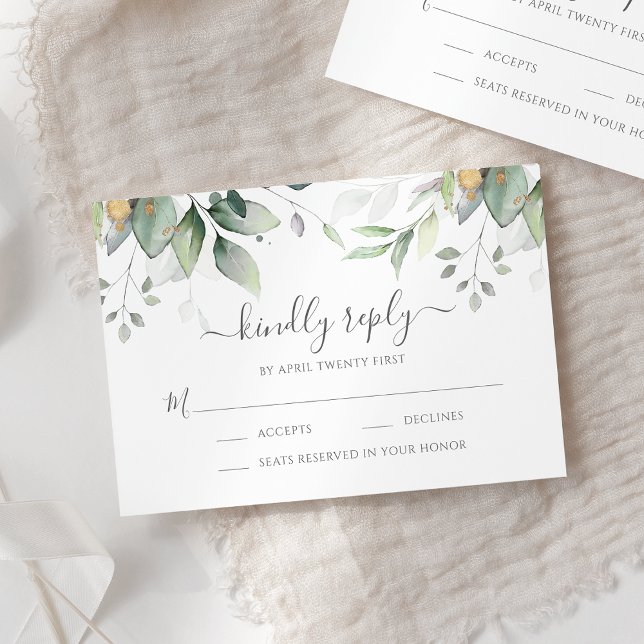 Cartons Réponse Eucalyptus Feuille Gold Options Mariage (Créateur téléchargé)