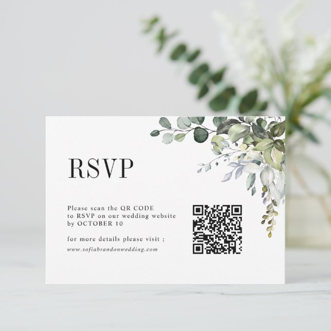 Cartons Réponse Eucalyptus Feuille Verdure Rustique Mariage QR Cod (Debout devant)