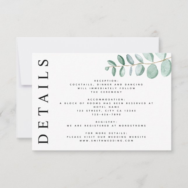 Cartons Réponse Eucalyptus Green Minimalist Détails Mariage (Devant)