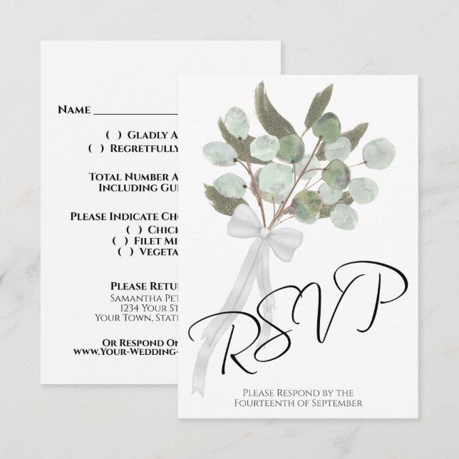 Cartons Réponse Eucalyptus rustique & Bouquet Vert Mariage chic (Devant / Derrière)