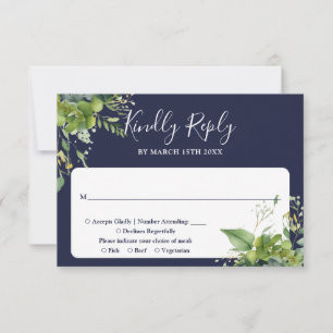 Cartons Réponse Eucalyptus Vert Élégant Mariage bleu marine