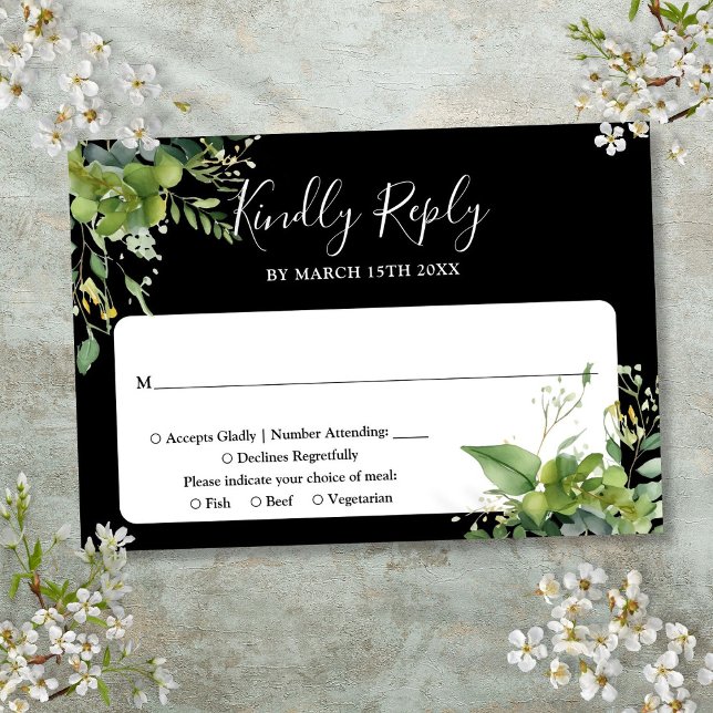 Cartons Réponse Eucalyptus Vert Mariage noir et blanc (Eucalyptus Greenery Black And White Wedding RSVP Card)