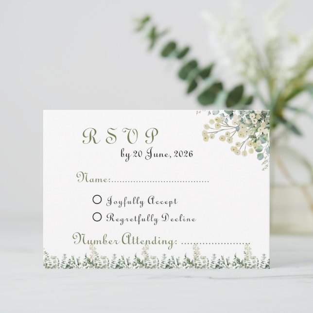 Cartons Réponse Eucalyptus & White Florals Botanical Wedding  (Debout devant)