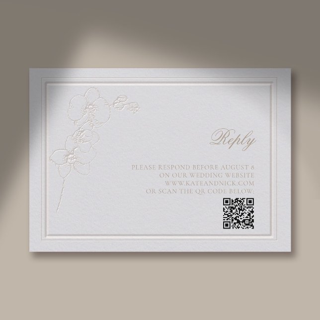 Cartons Réponse Faux Embossé Cadre Orchidée ivoire Répondre Mariag (traditional wedding response card qr rsvp reply orchid faux embossed elegant classic)