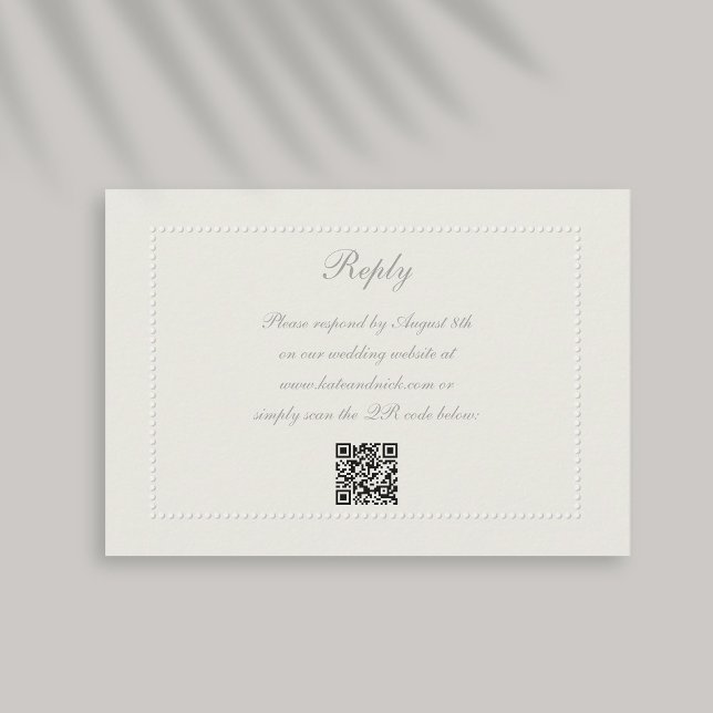 Cartons Réponse Faux Embossés Cadre Lu Écru Répondre Mariage QR (formal wedding reply card qr code response faux embossed beaded frame ecru linen classic)
