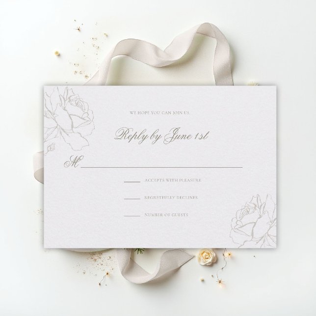 Cartons Réponse Faux Roses en relief Perles Mariage Classique (ethereal wedding theme white rsvp reply formal traditional modern classic floral roses elevated)