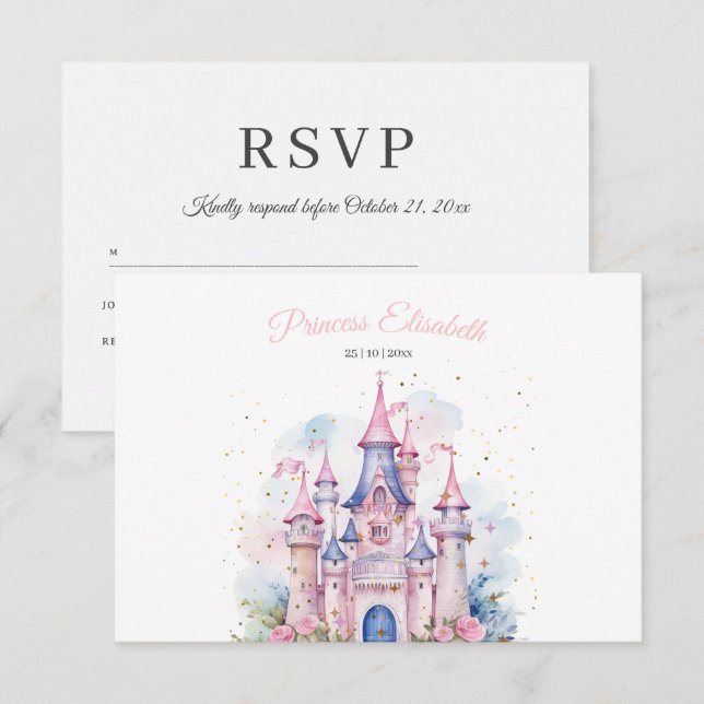 Cartons Réponse Fête d'anniversaire de princesse Château de conte  (Devant / Derrière)