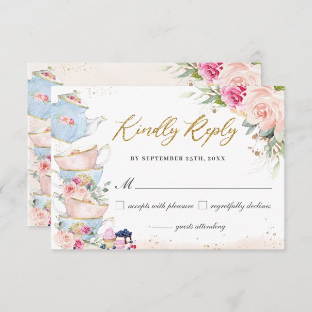 Cartons Réponse Fête de mariage et d'anniversaire thé à la haute a (Devant / Derrière)