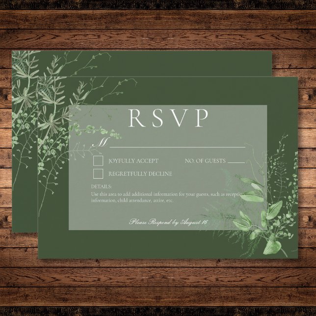 Cartons Réponse Feuillage vert de fougère rustique Émeraude Vert P (Rustic Fern Green Foliage Emerald Green No Dinner RSVP Card)