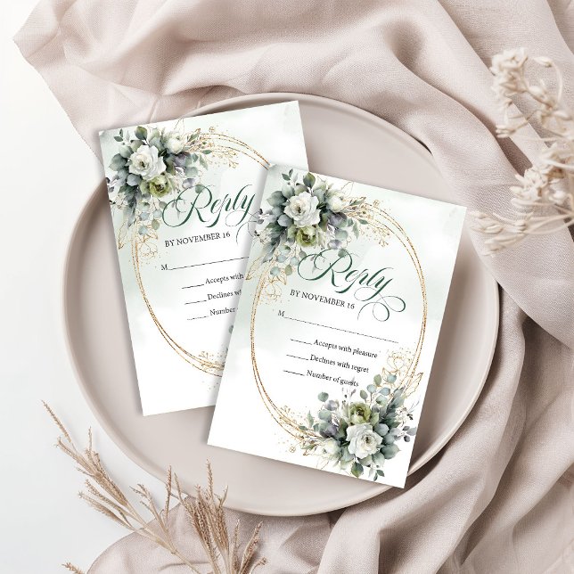 Cartons Réponse Feuillage vert poussiéreux Botanique Vert Or Maria (Dusty Green Foliage Botanical Green Gold Wedding RSVP Card)