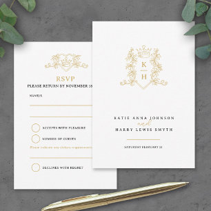 Cartons Réponse Feuille de la Couronne monogramme mariage or blanc