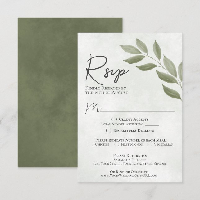 Cartons Réponse Feuille désiré Sage Green Moderne Chic Mariage (Devant / Derrière)