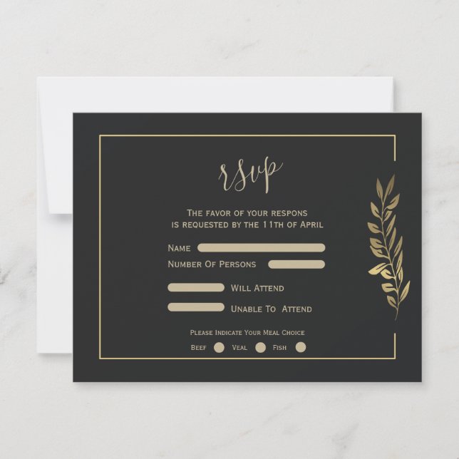 Cartons Réponse Feuille d'or moderne Mariage noir (Devant)