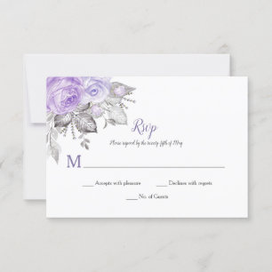Cartons Réponse Feuilles d'argent Roses violets - Blanc - Mariage 