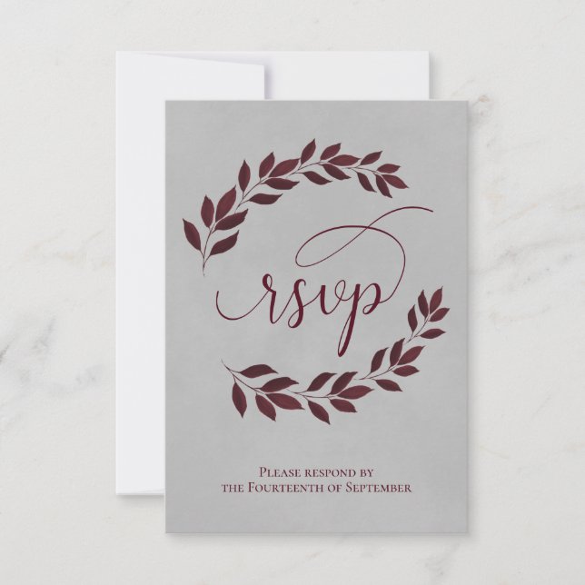 Cartons Réponse Feuilles de Burgundy Laurel sur Grey Elegant Weddi (Devant)