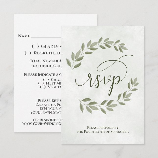 Cartons Réponse Feuilles de Laurier Vert Sauge Mariage Rustique (Devant / Derrière)