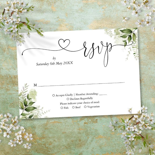Cartons Réponse Feuilles de verdure Élégant cœur de script (Greenery Leaves Elegant Script Heart RSVP Card)