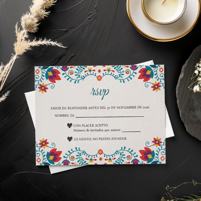 Cartons Réponse Fiesta Fleurie Mariage Espagnol Coloré (Fiesta Colorful Floral Spanish Wedding RSVP Card)